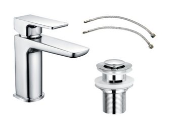 Chrome bathroom faucet set with additional components on a white background