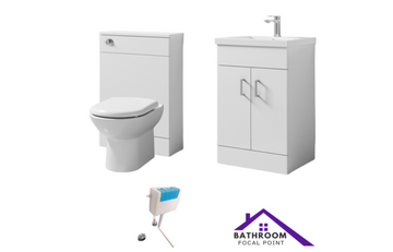 Bathroom vanity unit with toilet and bidet on a white background