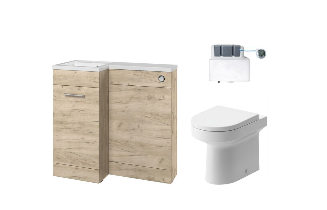 Bathroom interior with wooden vanity and toilet, framed pictures on the wall.