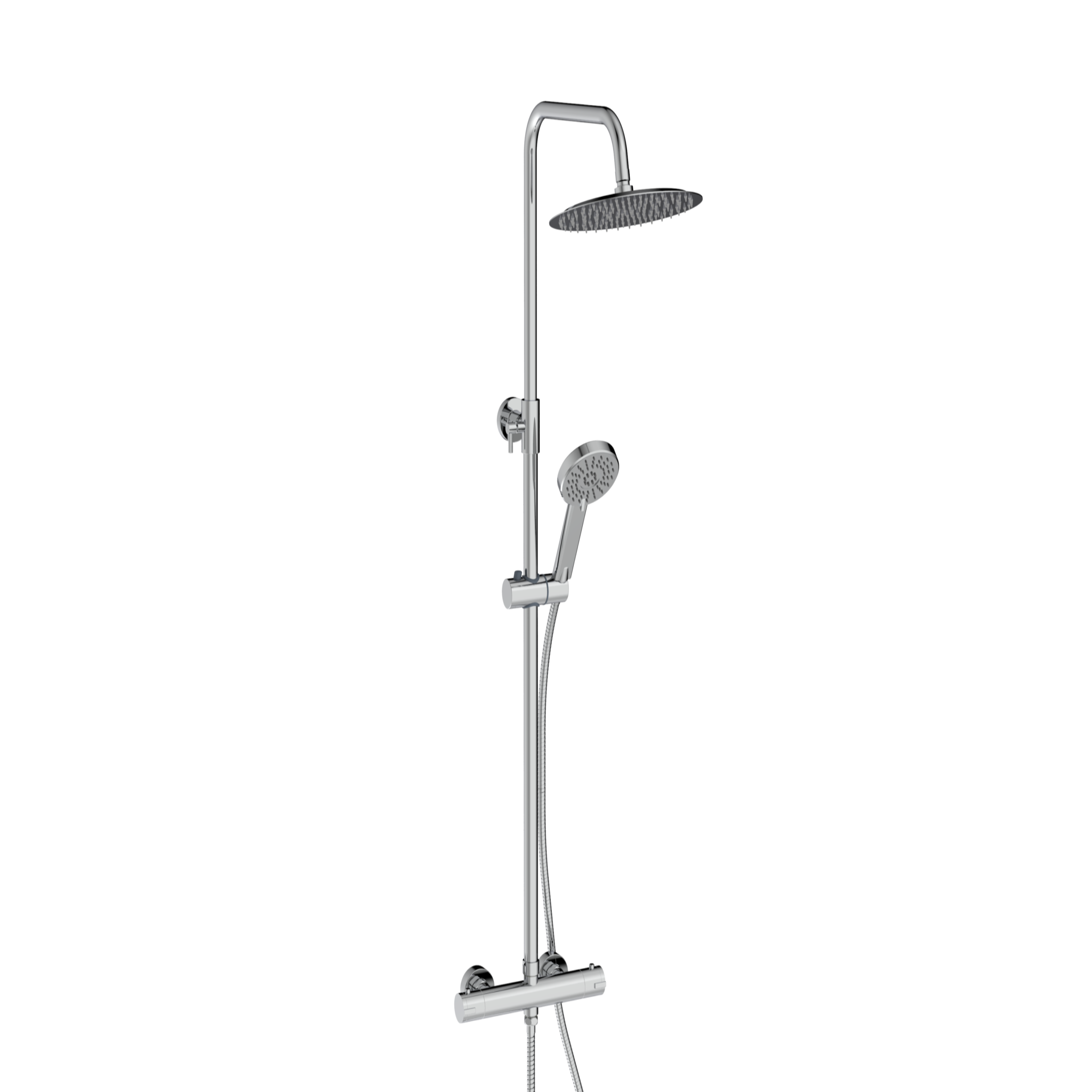 Chrome shower set with handheld shower and control handle on a white background