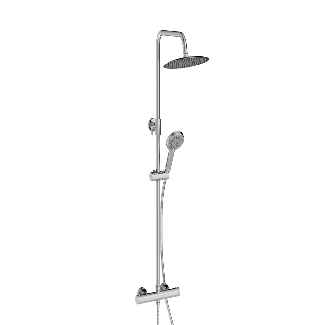 Chrome shower set with handheld shower and control handle on a white background