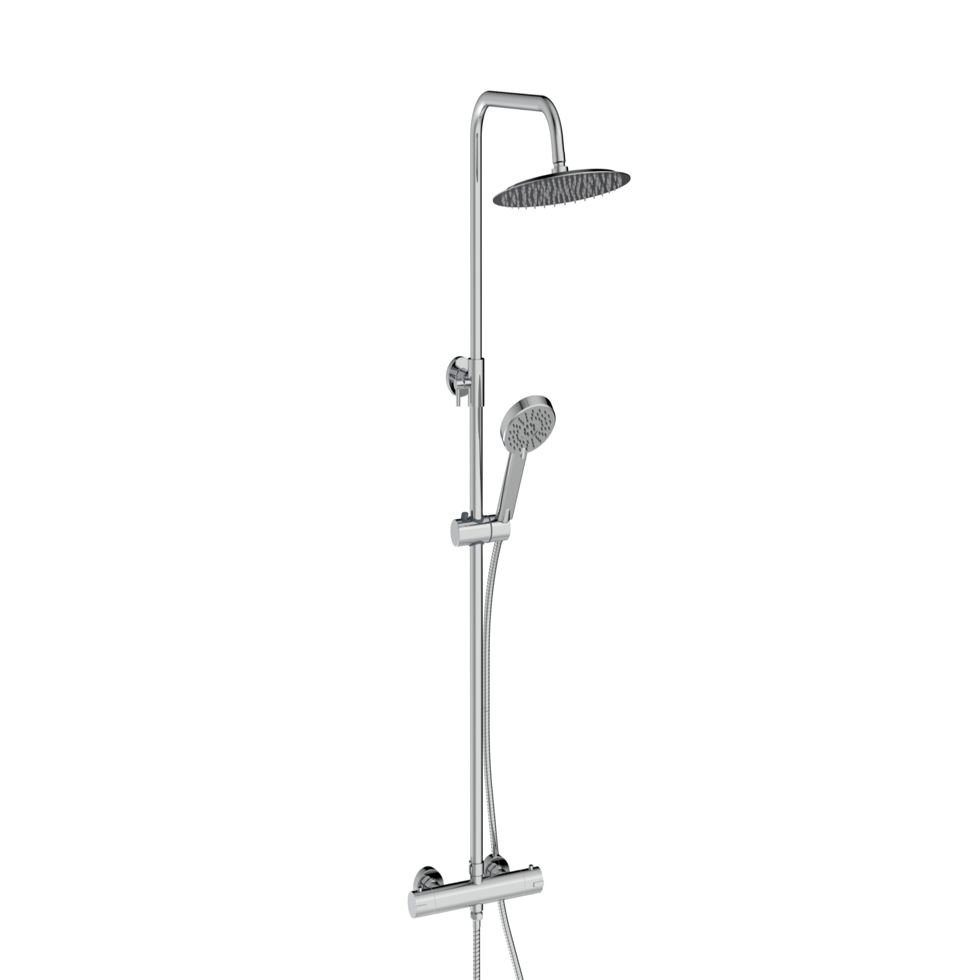 Chrome shower set with handheld shower and control handle on a white background