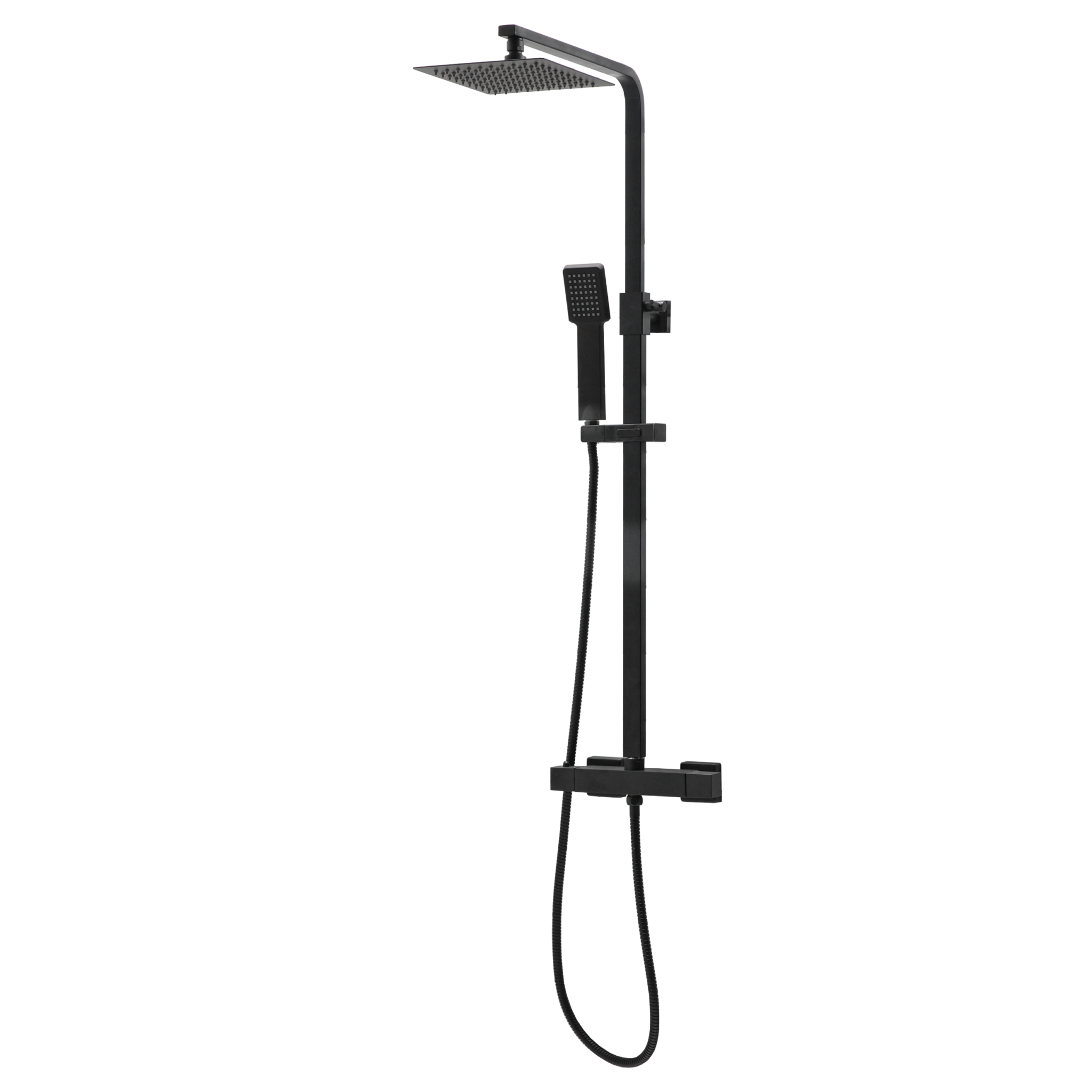 Black shower set with rain shower head and handheld shower on a white background