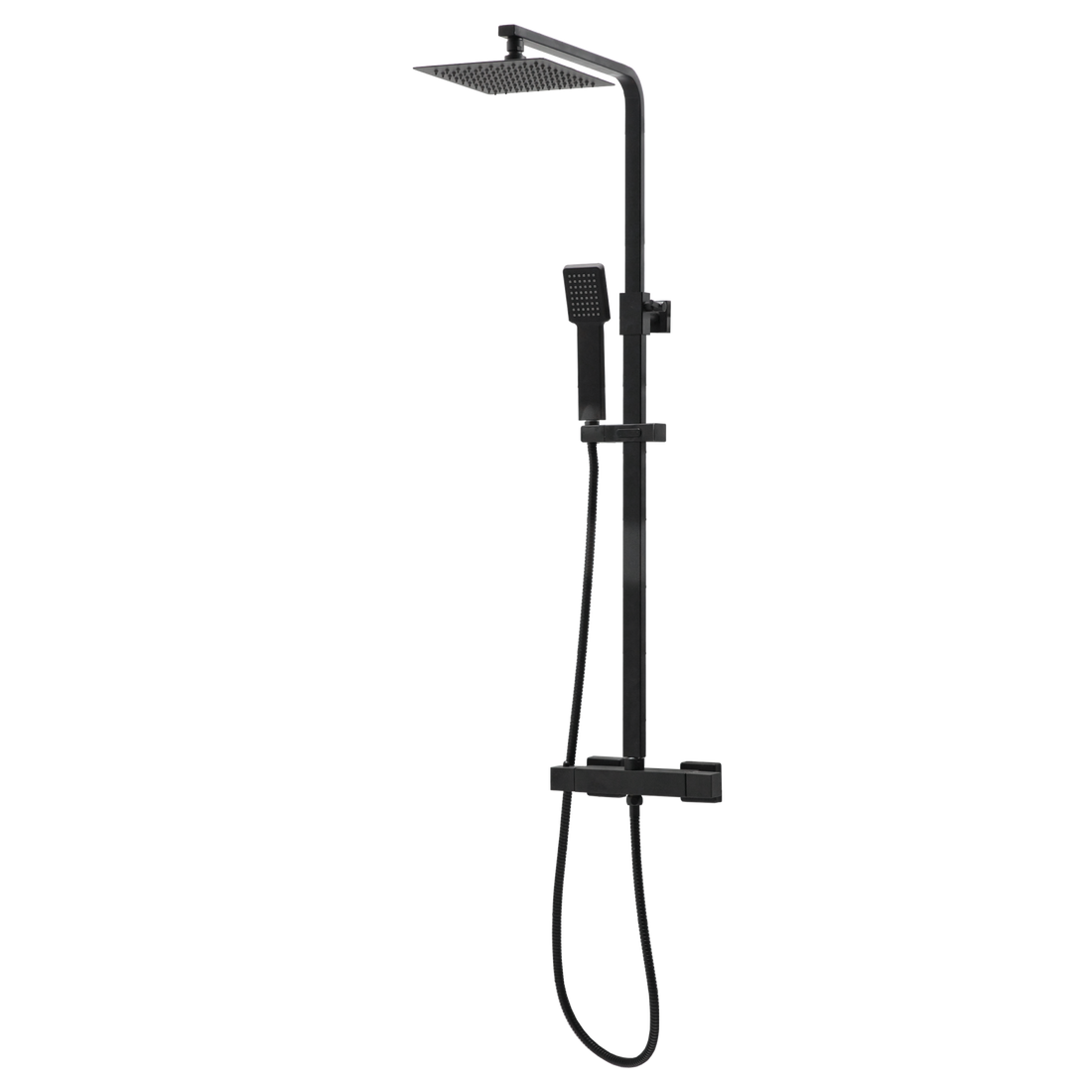 Black shower set with rain shower head and handheld shower on a white background