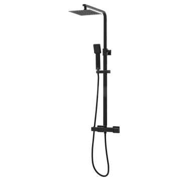 Black shower set with rain shower head and handheld shower on a white background
