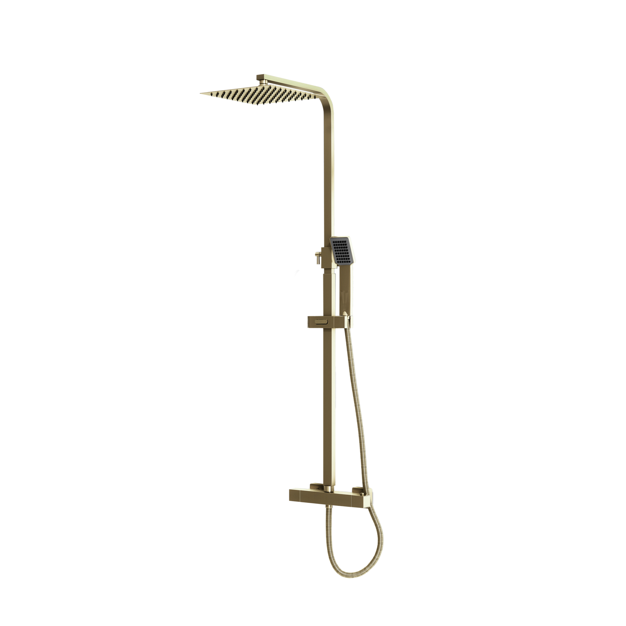 Brushed Brass Nexus Square Double Head Rigid Riser Thermostatic Shower
