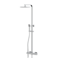Chrome shower system with fixed shower head and handheld shower on a white background