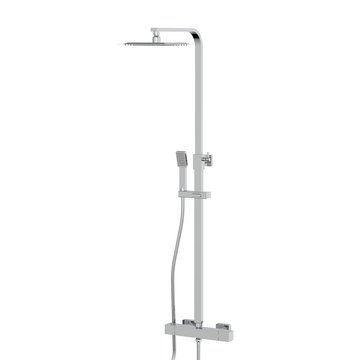 Chrome shower system with fixed shower head and handheld shower on a white background