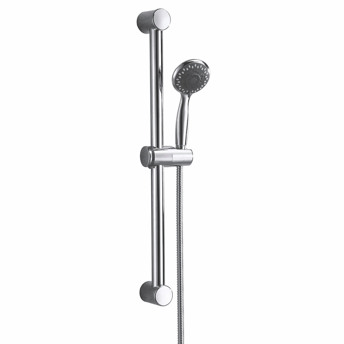 Shower system with handheld shower head and control handle on a tiled wall.