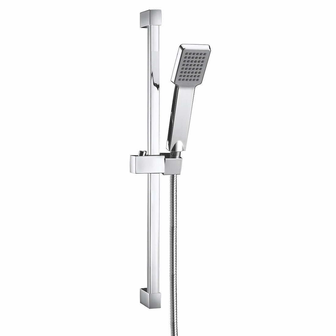 Chrome shower set with handheld shower and control handle mounted on a tiled wall.