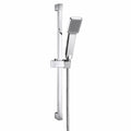 Chrome shower set with handheld shower head and sliding bar on a white background