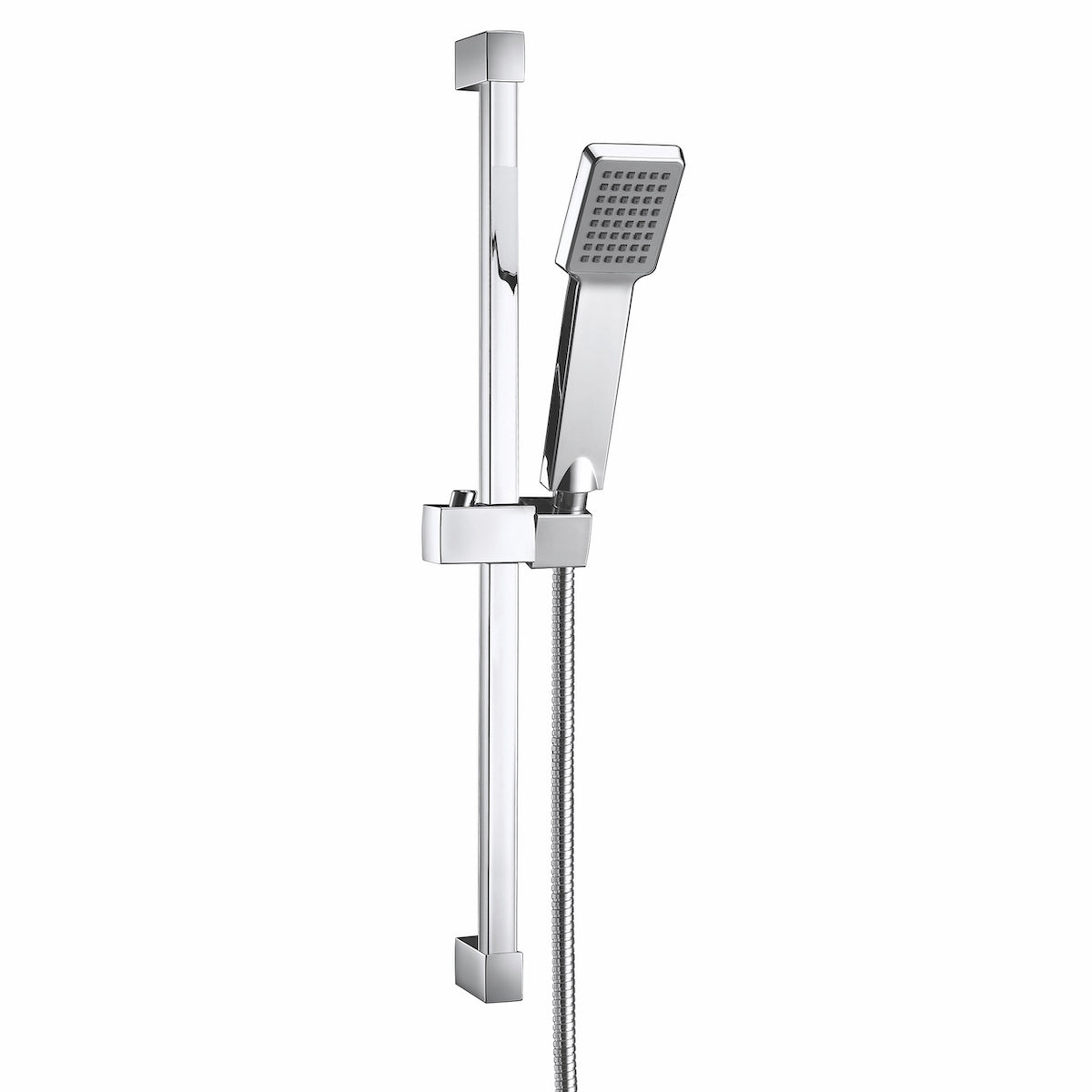 Chrome shower set with handheld shower head and sliding bar on a white background