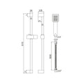 Technical drawing of a shower system with dimensions labeled