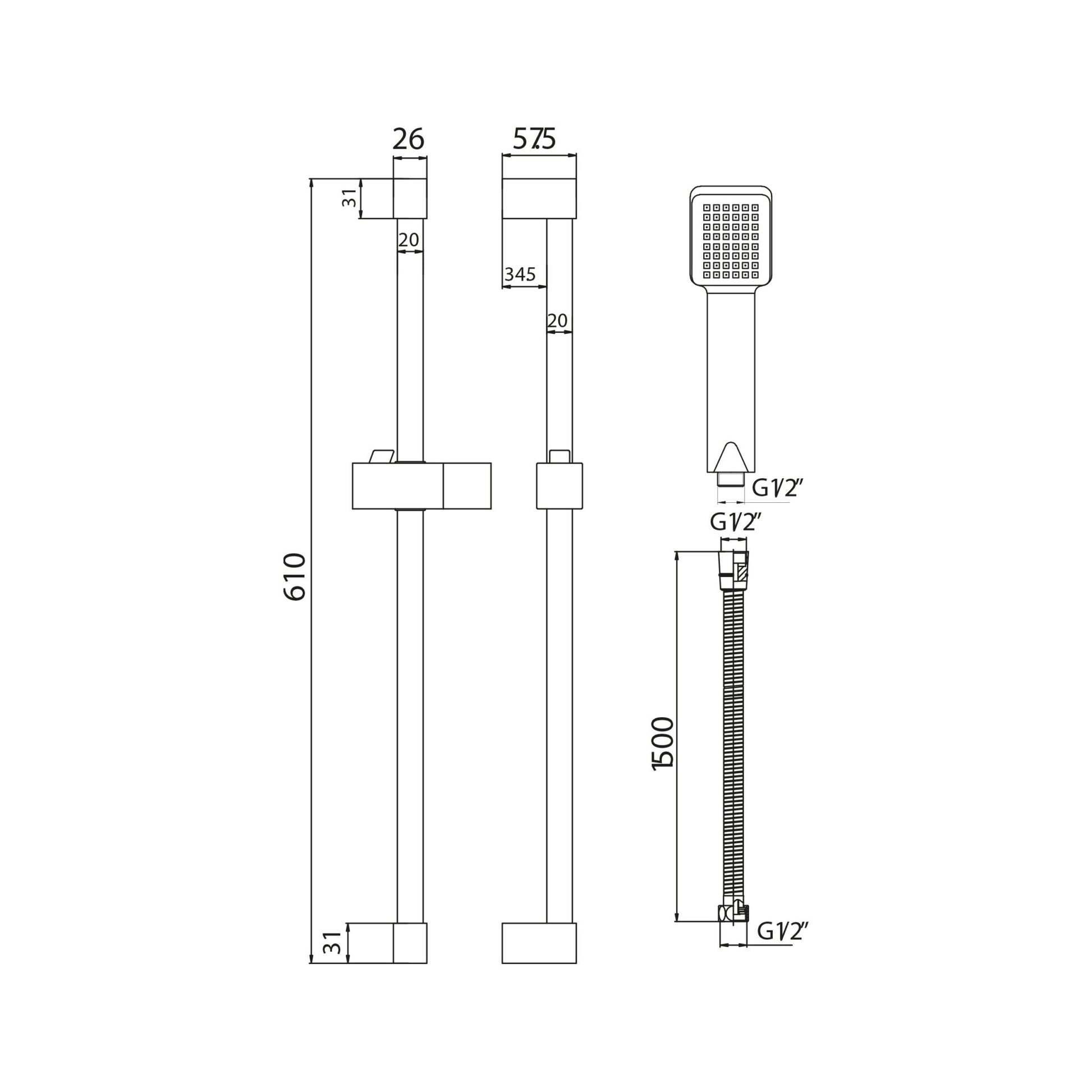 Technical drawing of a shower system with dimensions labeled
