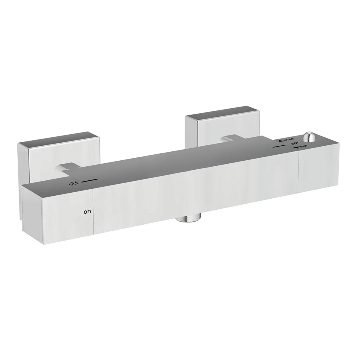 Chrome shower control panel with multiple functions on a white background