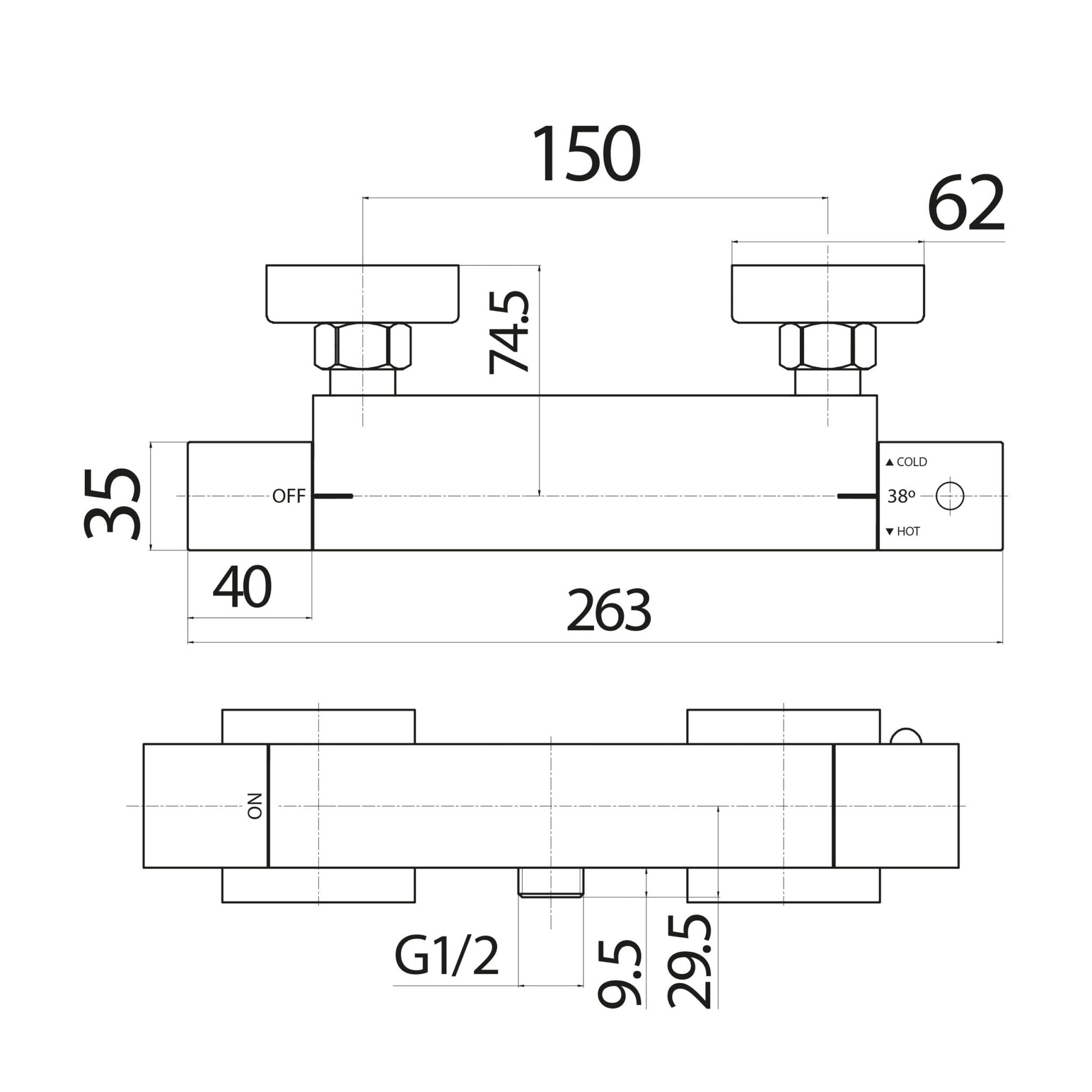 Technical drawing of a valve with dimensions labeled