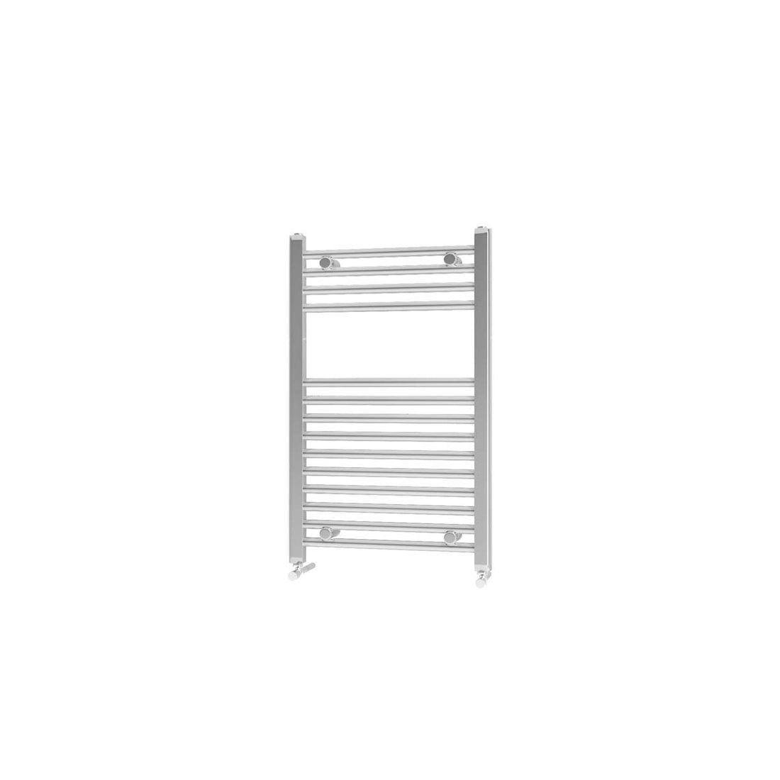 Towel radiator in a bathroom with tiled walls and a toilet.