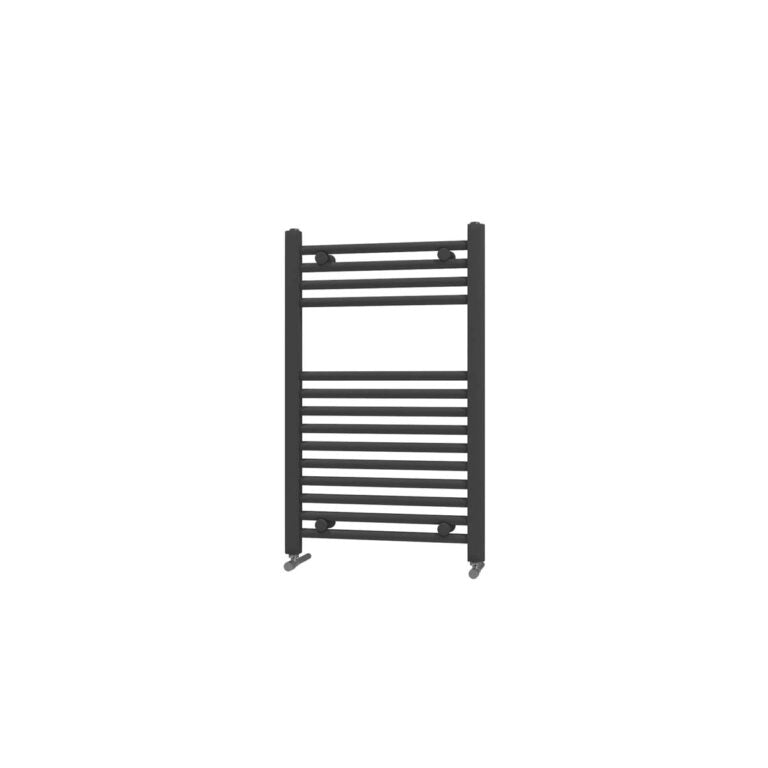 Black towel radiator mounted on a tiled bathroom wall with a white bathtub and shower in the background.