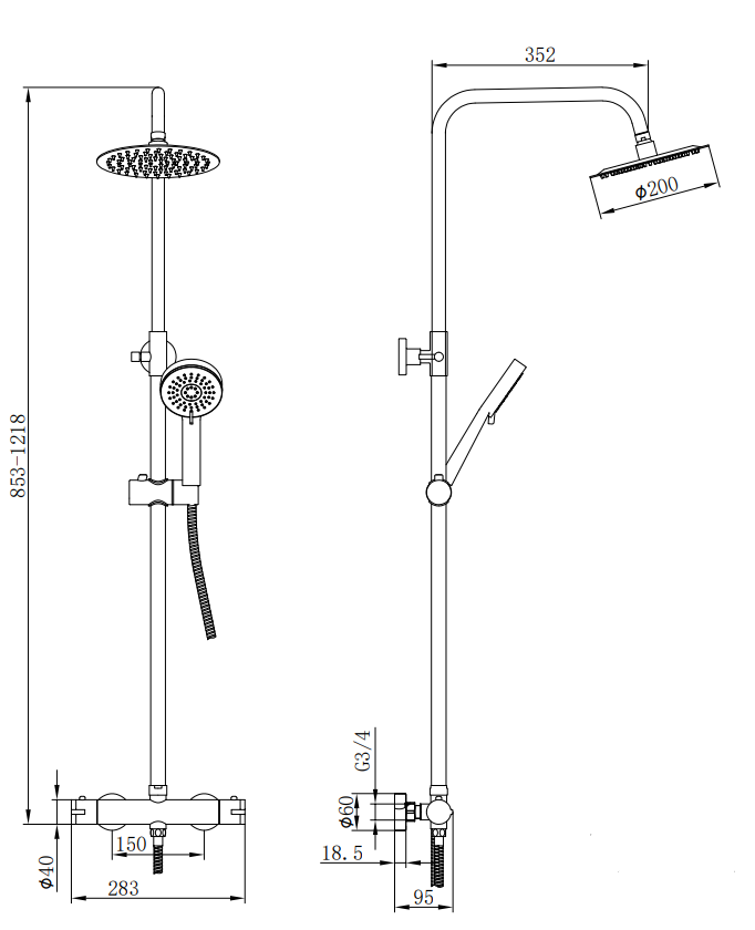 Chrome shower set with handheld shower and control handle on a white background