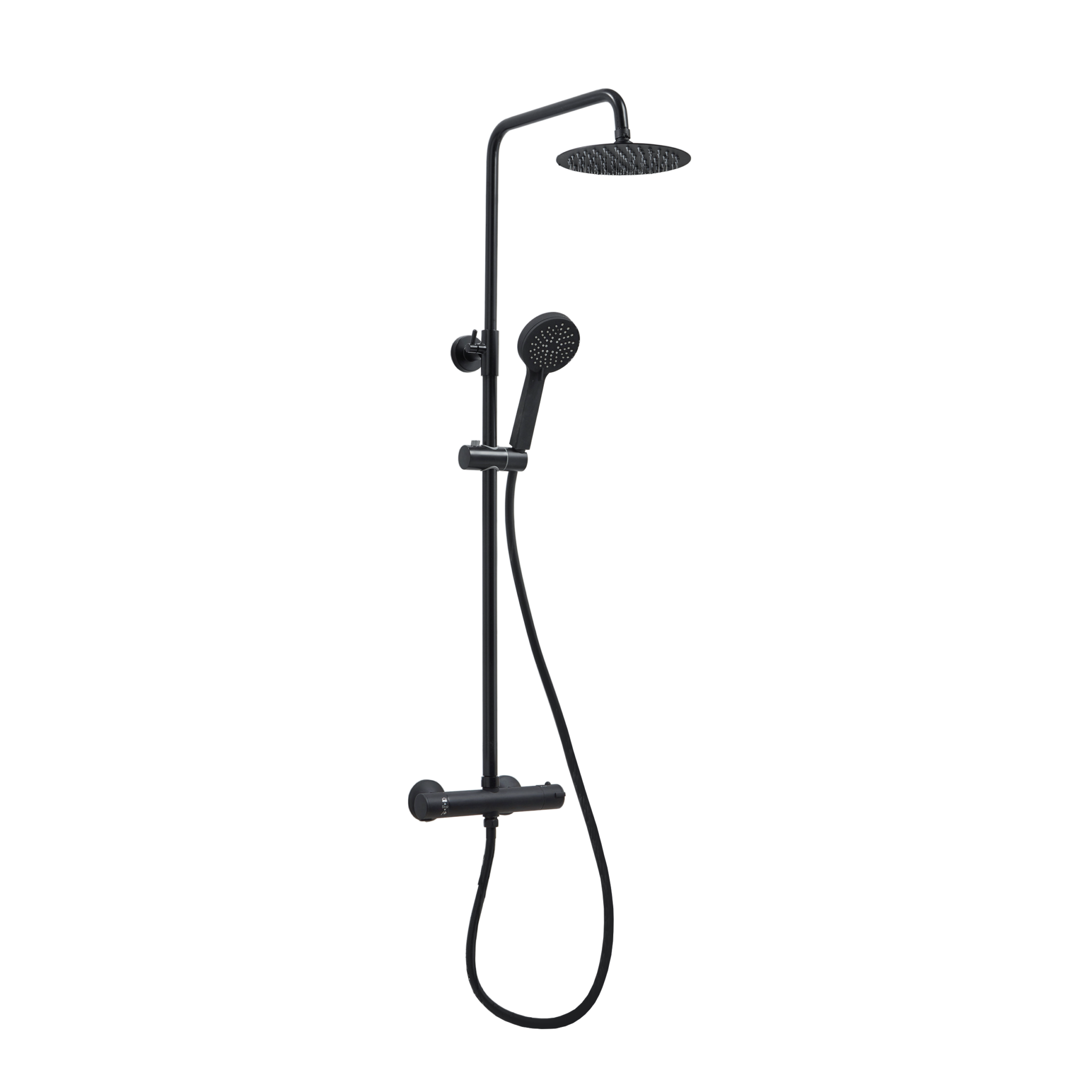 Black shower set with rain shower head and handheld shower on a white background