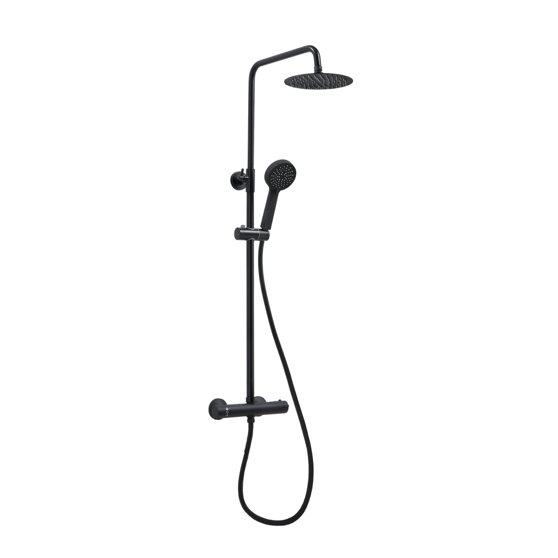 Black shower set with rain shower head and handheld shower on a white background