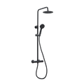 Black shower set with rain shower head and handheld shower on a white background