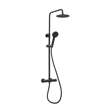 Black shower set with rain shower head and handheld shower on a white background
