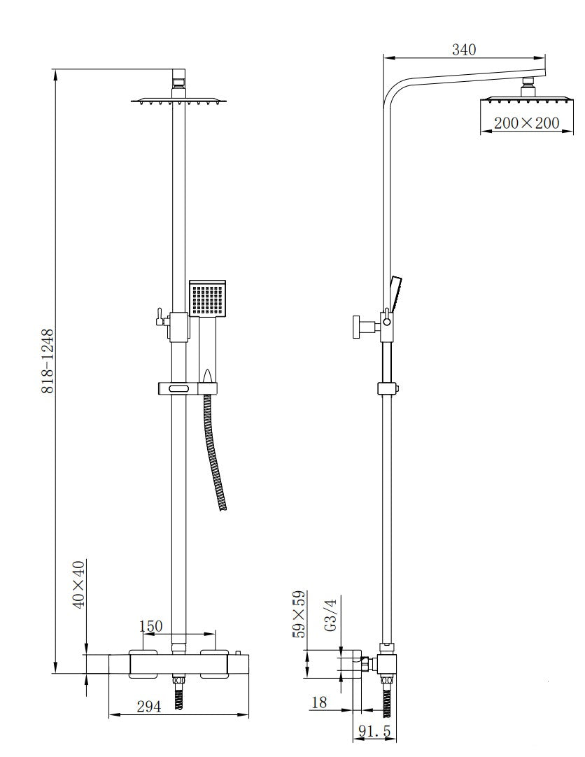 Brushed Brass Nexus Square Double Head Rigid Riser Thermostatic Shower