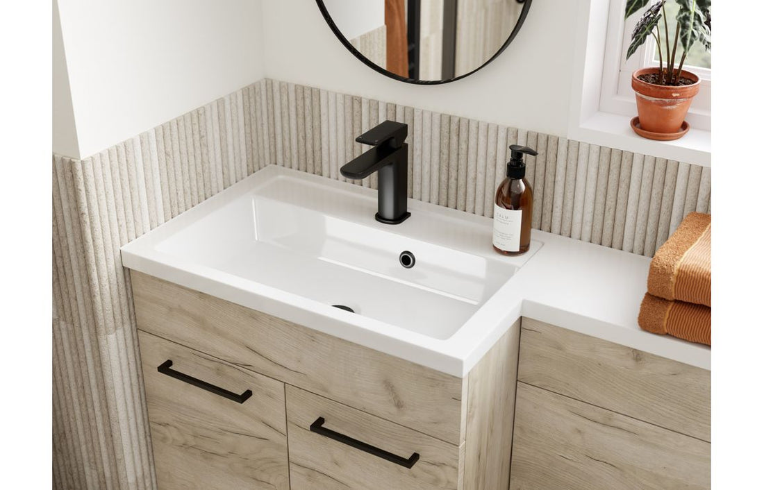 Bathroom vanity unit with wooden finish and white toilet on a white background