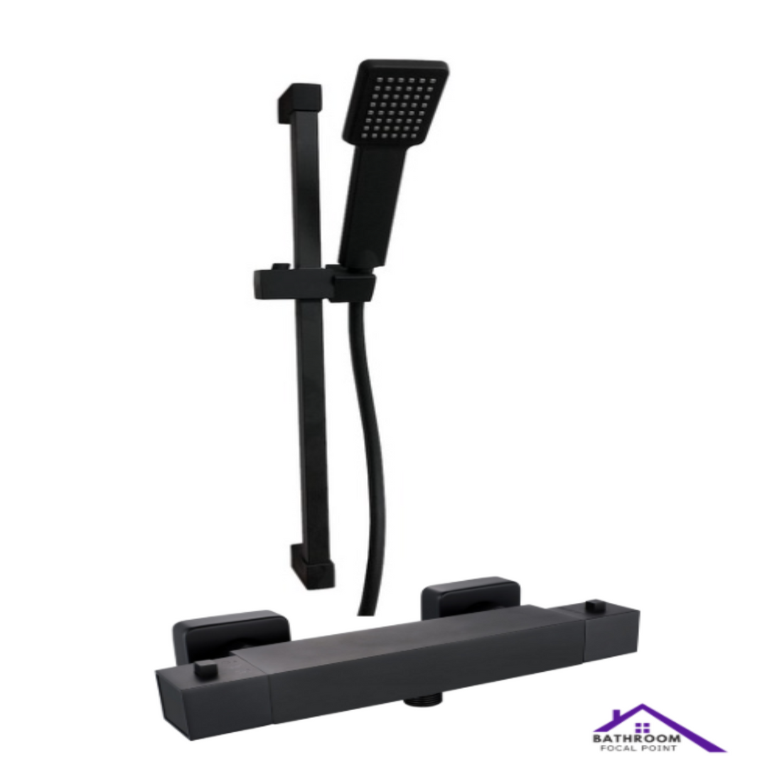 Black shower set with handheld shower and rail on a white background