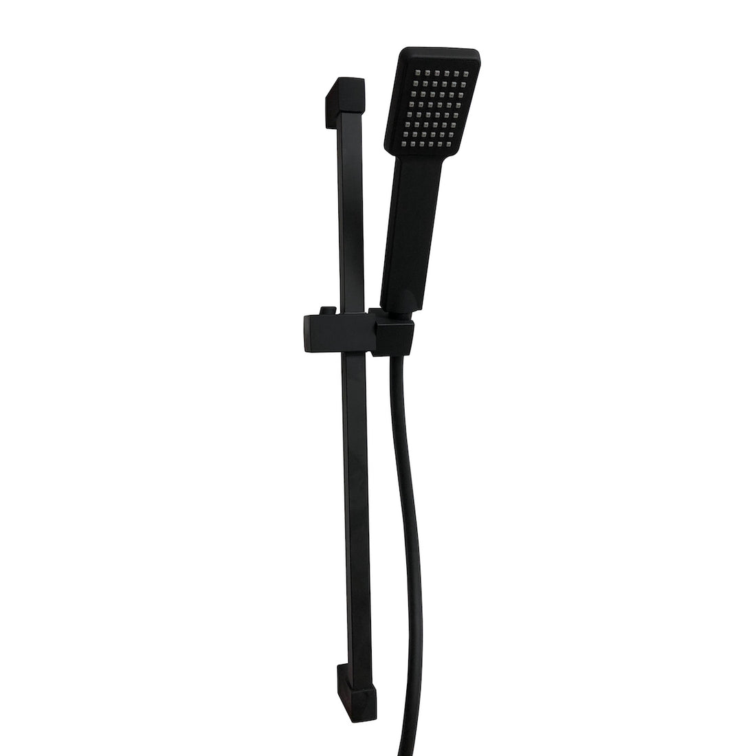 Black shower set with handheld shower and rail on a white background