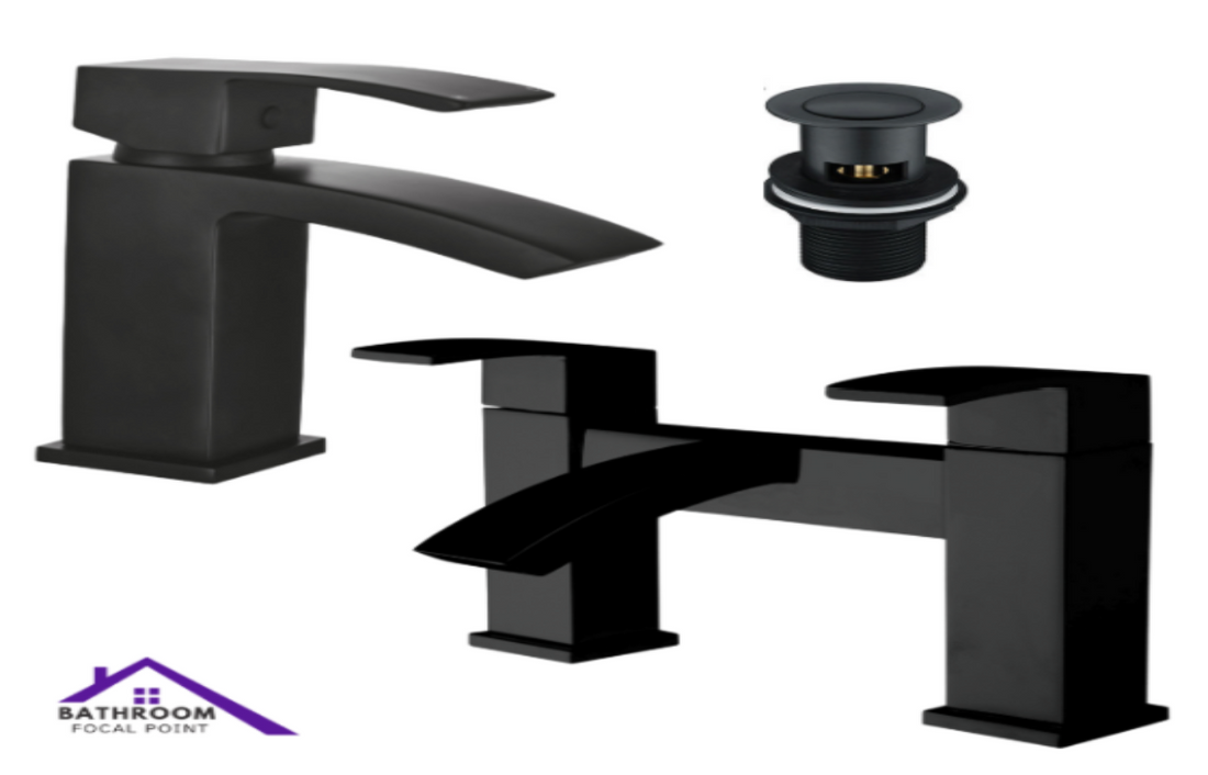 Black bathroom faucet set with basin mixer and pop-up drain on a white background.