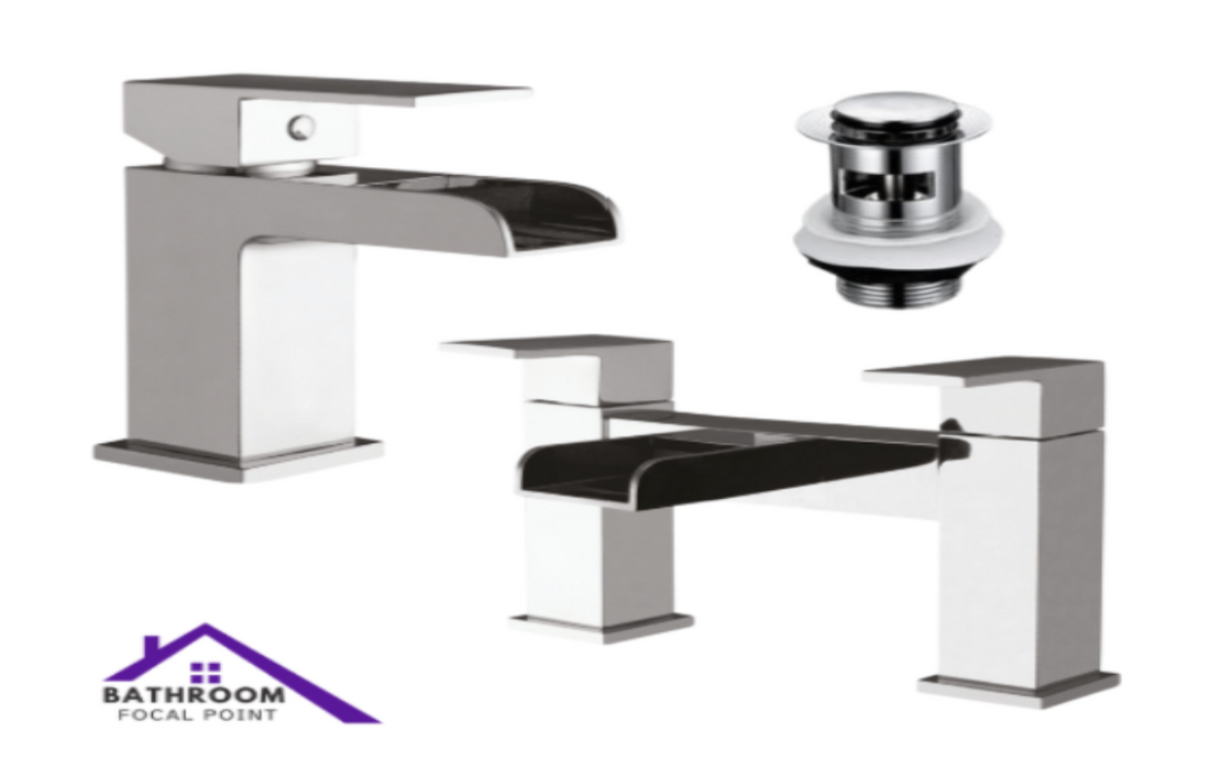 Set of bathroom faucets and components on a white background with 'Bathroom Focal Point' logo.