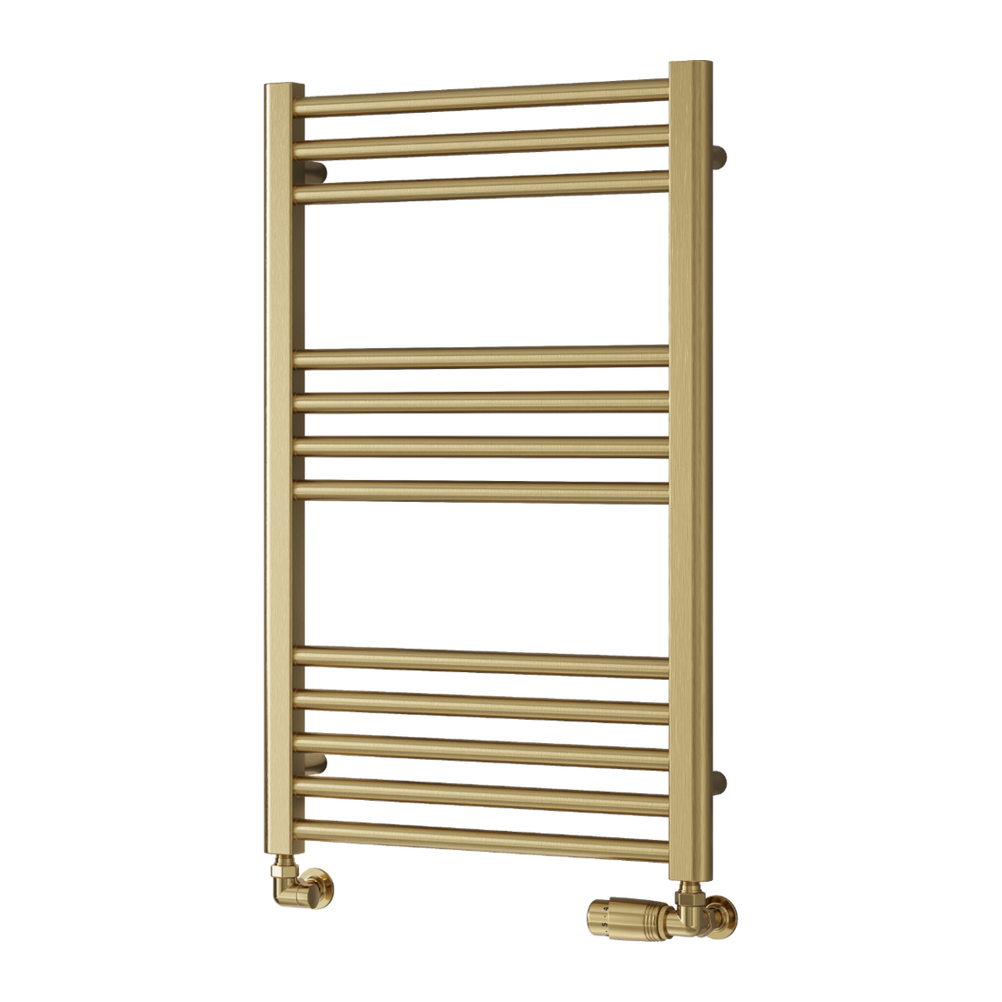 Gold towel radiator in a bathroom setting with a mirror and sink.