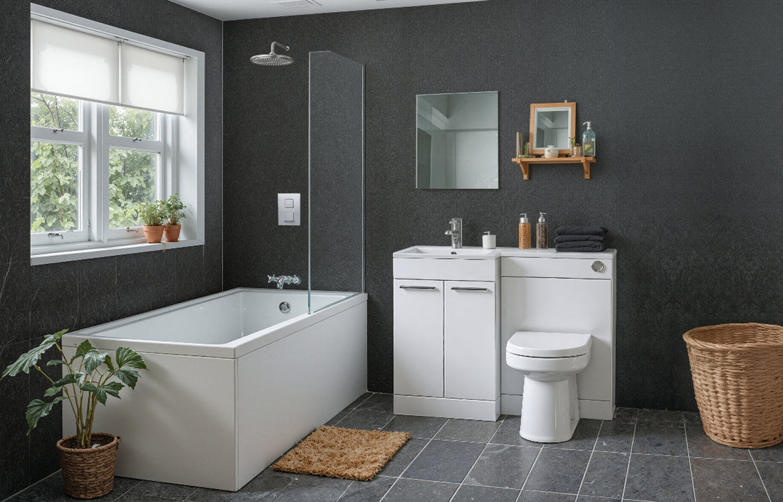 Modern bathroom with white fixtures, dark walls, and decorative elements.