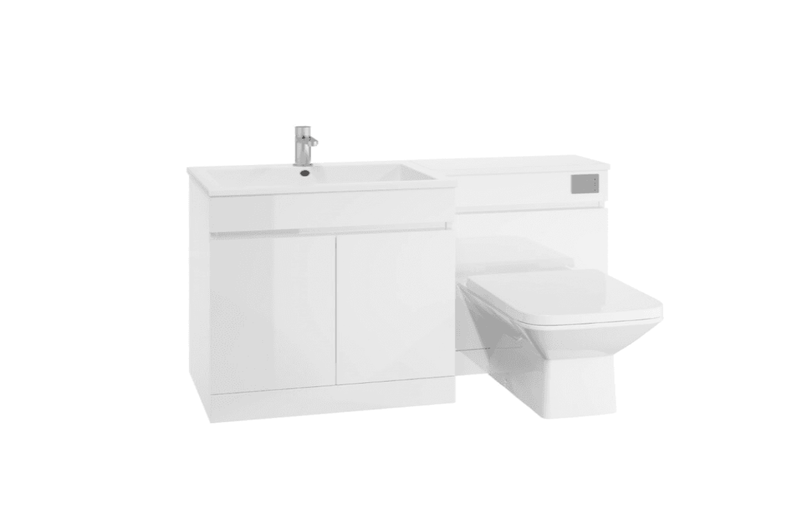 White bathroom vanity unit with sink and toilet on a white background