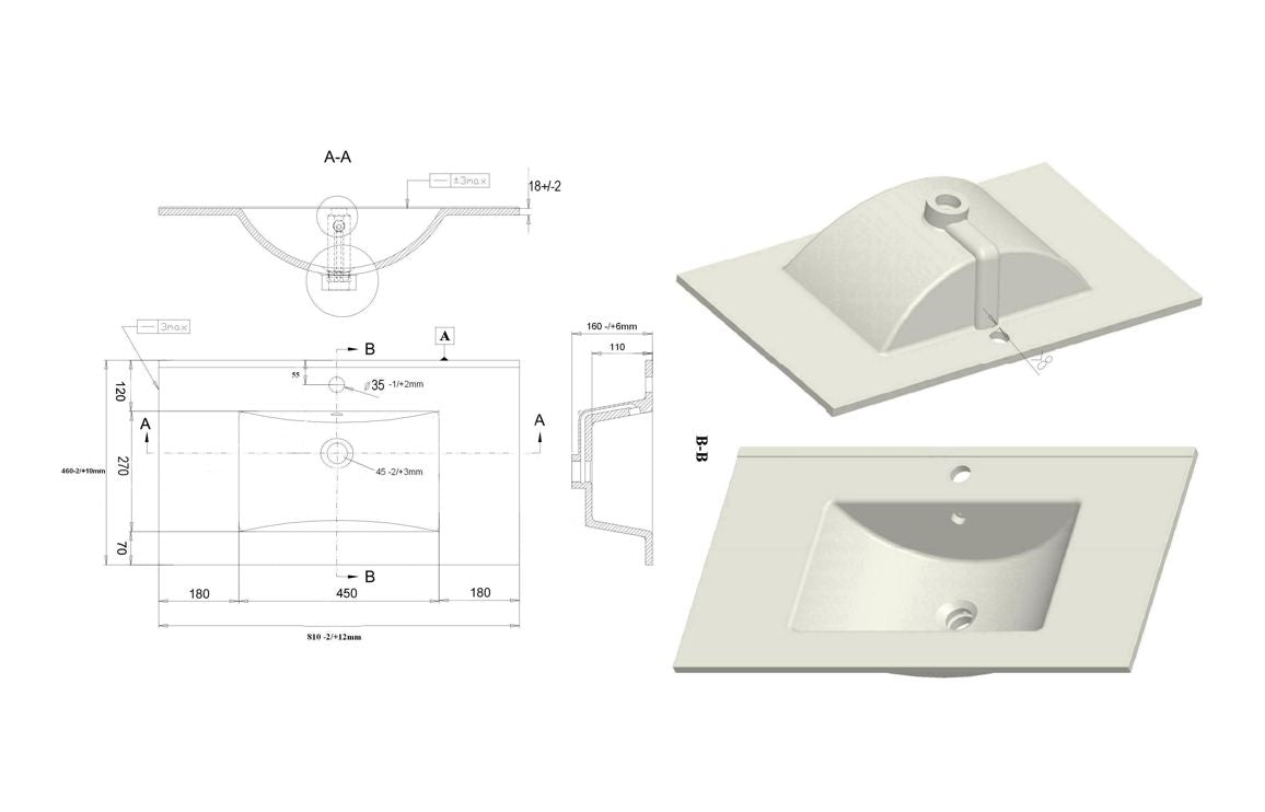 Technical drawing and two views of a white sink on a white background
OXFORD BATHROOM FOCAL POINT  BASIN
