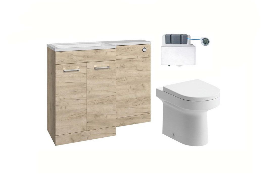 Bathroom vanity unit with wooden finish and white toilet on a white background