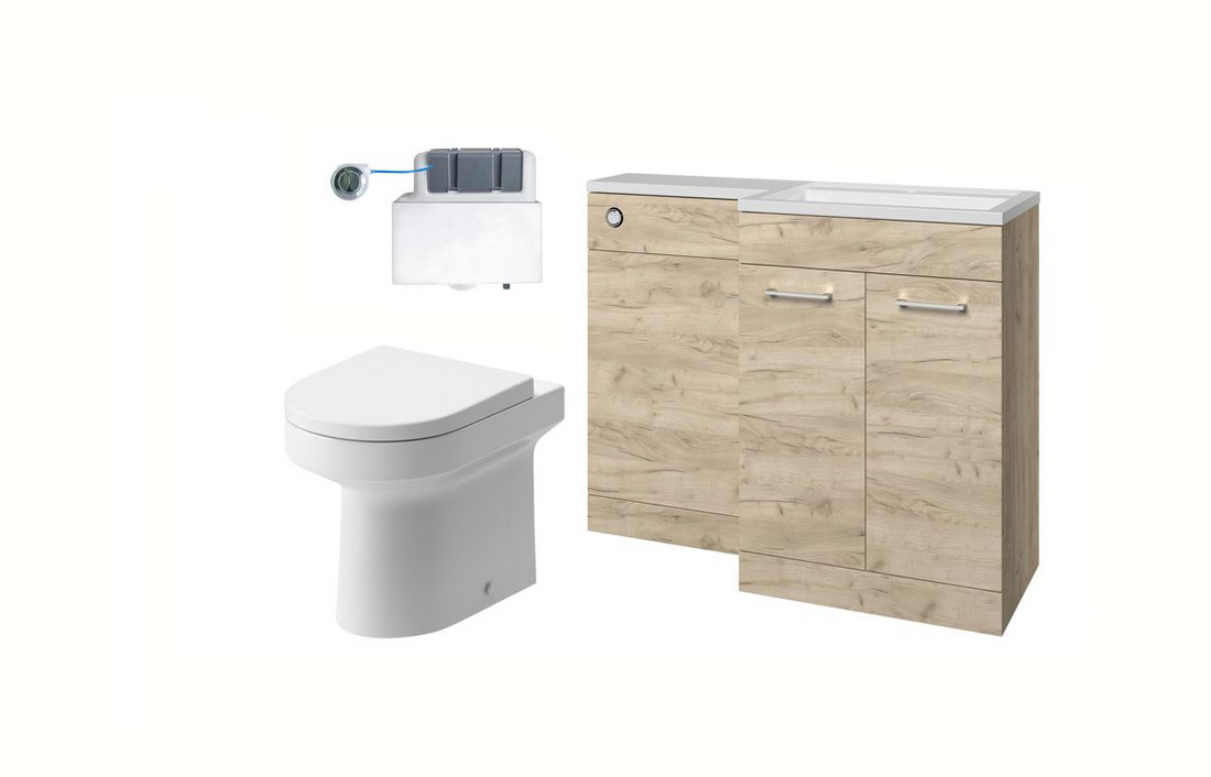 Bathroom vanity unit with wooden finish and white toilet on a white background