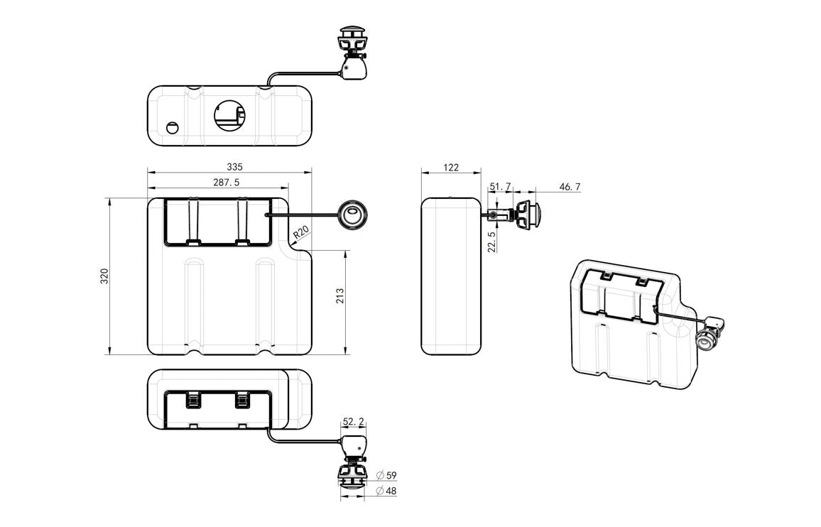Technical drawing of a mechanical assembly with dimensions, CISTERN