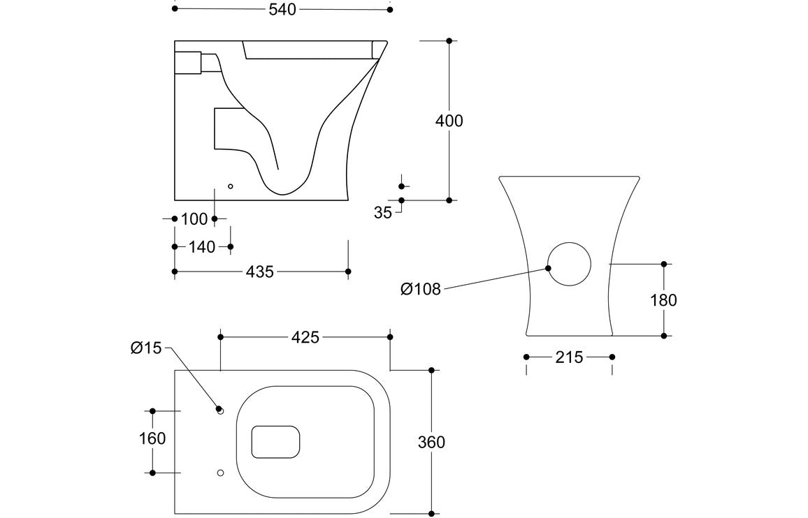 Technical drawing of a TOILET with dimensions