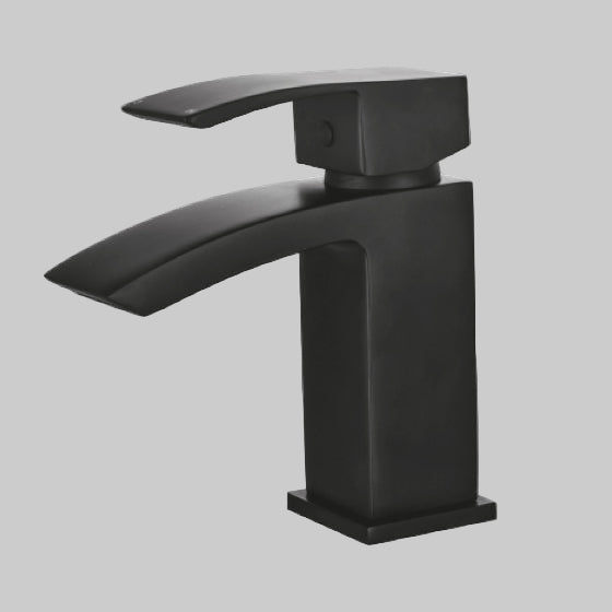 Black bathroom faucet set with basin mixer and pop-up drain on a white background.
