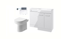 Bathroom setup with white toilet and vanity unit on a white background