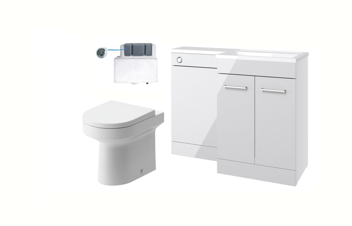 Bathroom setup with white toilet and vanity unit on a white background