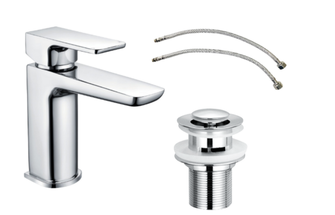 Chrome bathroom faucet set with additional components on a white background