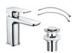 Chrome bathroom faucet set with additional components on a white background