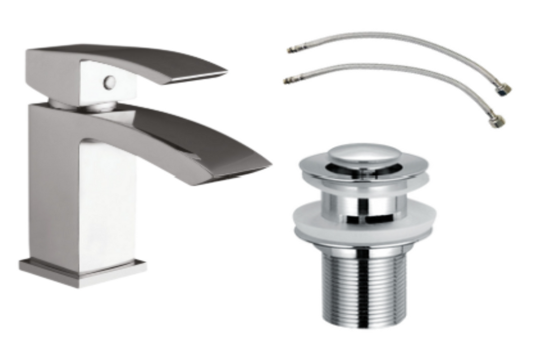 Chrome bathroom faucet set with drain assembly on a white background