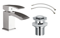 Chrome bathroom faucet set with drain assembly on a white background
