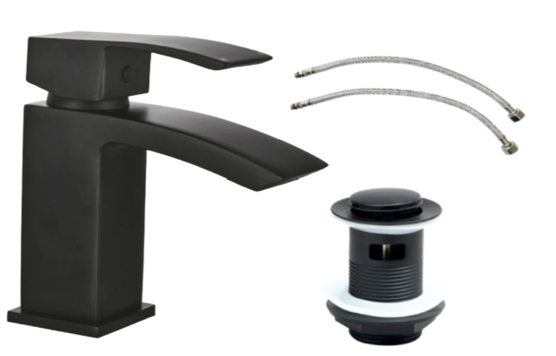 Black bathroom faucet set with flexible hose and drain plug on a white background