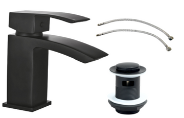 Black bathroom faucet set with flexible hose and drain plug on a white background